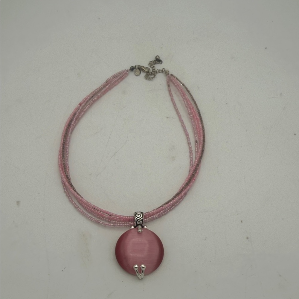 VTG Premier Designs Multi-Strand Beaded Necklace w/ Round pink cats eye pendant